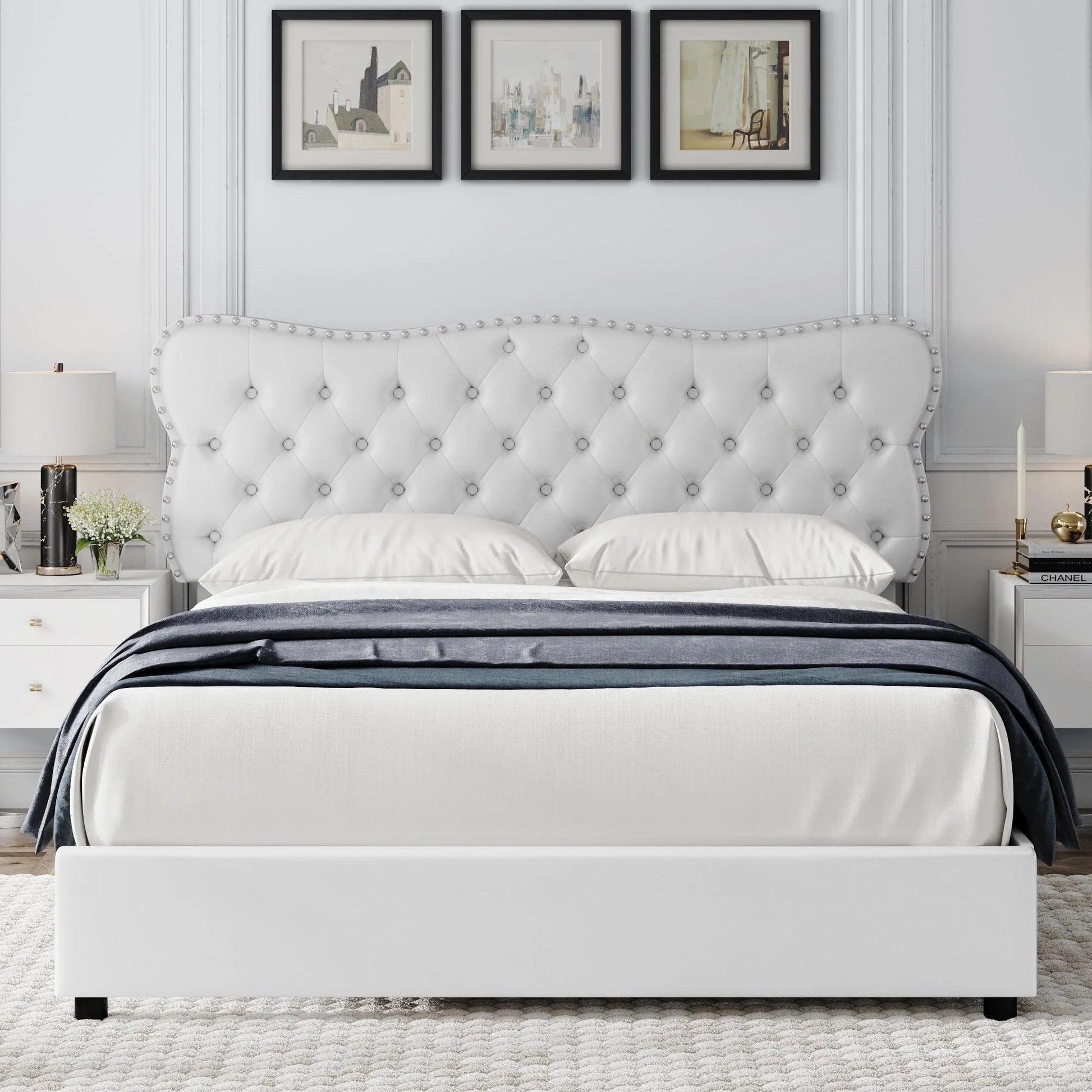 Homfa White Queen Bed Frame with Drawer, PU Leather Upholstered Storage Platform Bed Frame with Button Tufted Headboard, Noise Free