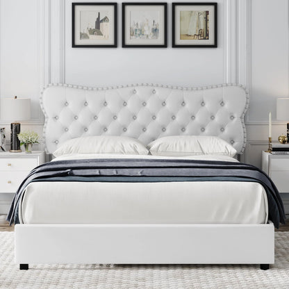 Homfa White Queen Bed Frame with Drawer, PU Leather Upholstered Storage Platform Bed Frame with Button Tufted Headboard, Noise Free
