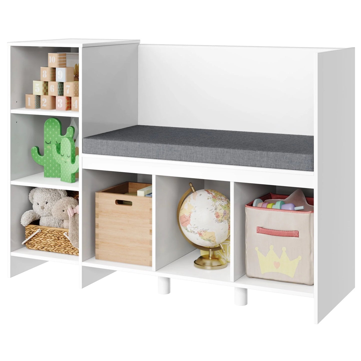 Homfa 6 Cube Kids Bookshelf with Reading Nook, Storage Organizer with Seat Cushion for Children's Room, White