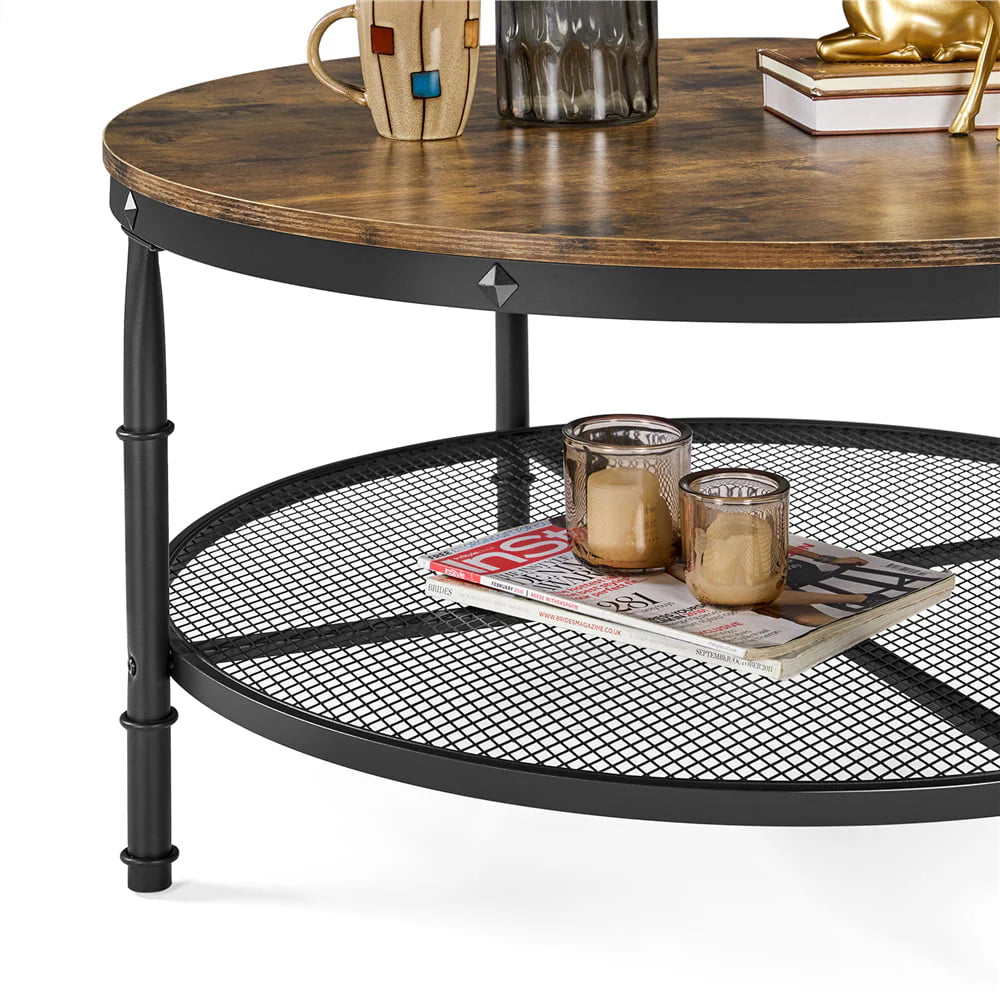 Smilemart Modern Round Metal Coffee Table with Storage Shelf, Rustic Brown