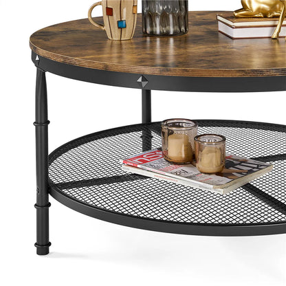 Smilemart Modern Round Metal Coffee Table with Storage Shelf, Rustic Brown