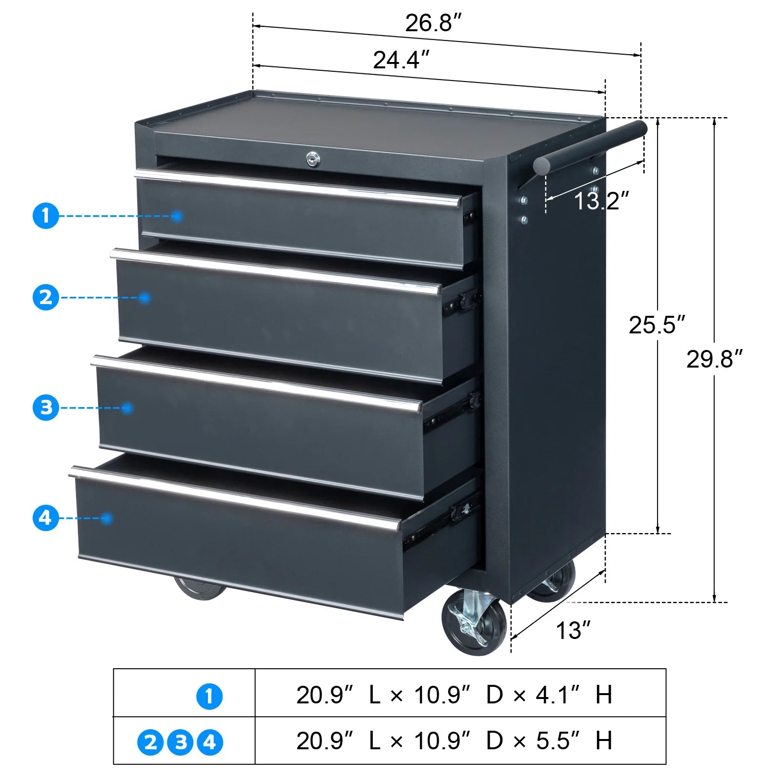 Ktaxon 4-Drawer Tool Chest Rolling Tool Cabinet with Wheels, Black - Portable