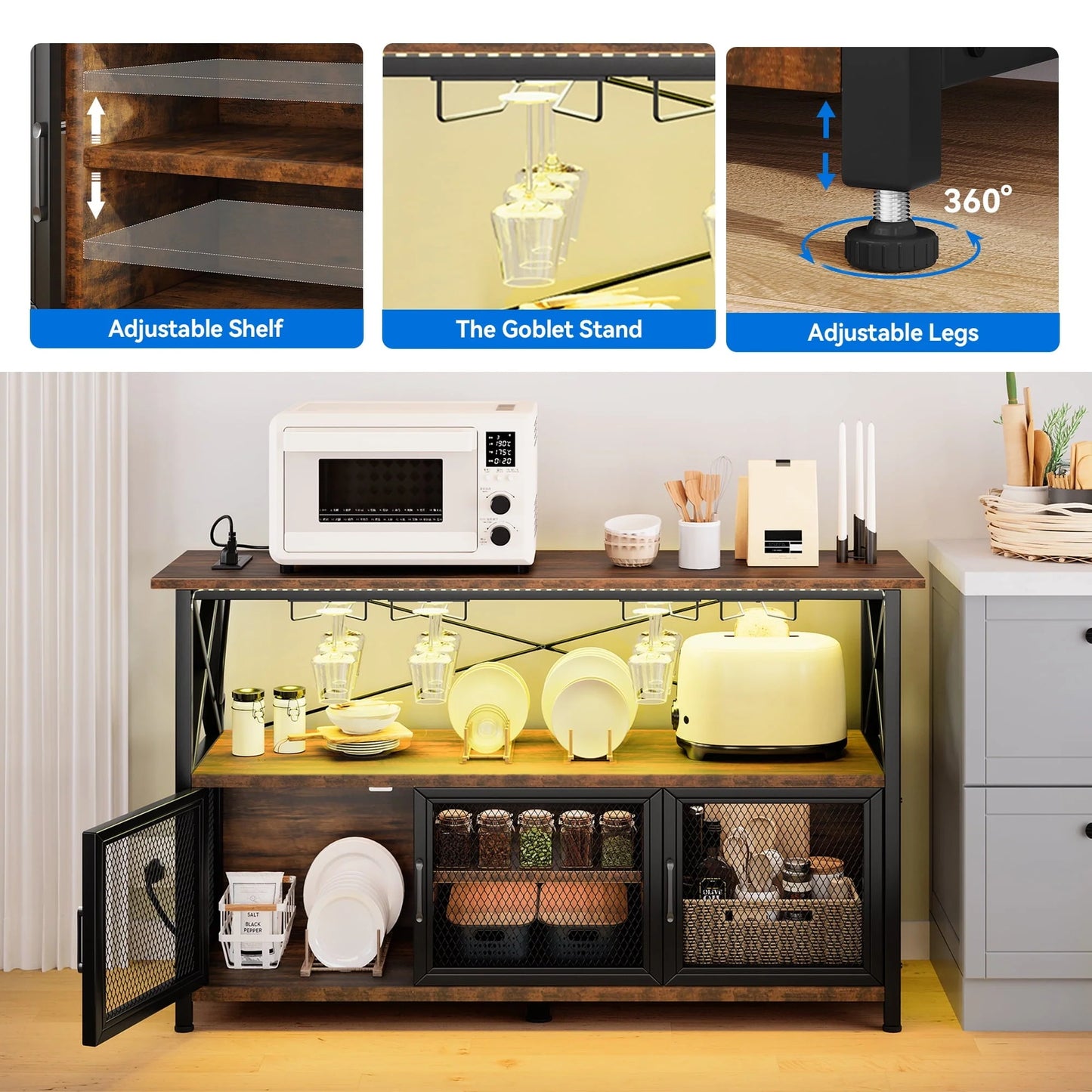 Dextrus 55" Wine Bar Cabinet with LED Lights Power Outlets, Industrial Coffee Bar Cabinet with Storage and Goblet Stand Sideboard Buffet Cabinet for Living Room Kitchen Dining Room