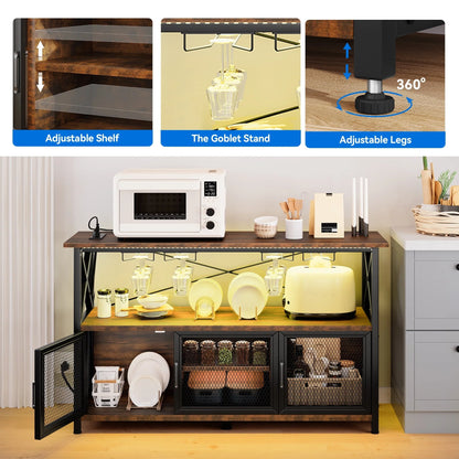 Dextrus 55" Wine Bar Cabinet with LED Lights Power Outlets, Industrial Coffee Bar Cabinet with Storage and Goblet Stand Sideboard Buffet Cabinet for Living Room Kitchen Dining Room