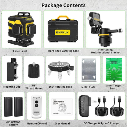 Laser Level, IKOVWUK 3x360? Cross Line Laser for Construction and Picture Hanging, 12 Green Lasers with Self-leveling, 65 ft Vertical & Horizontal Line, Level Tool with 5200 mAh Rechargeable Battery