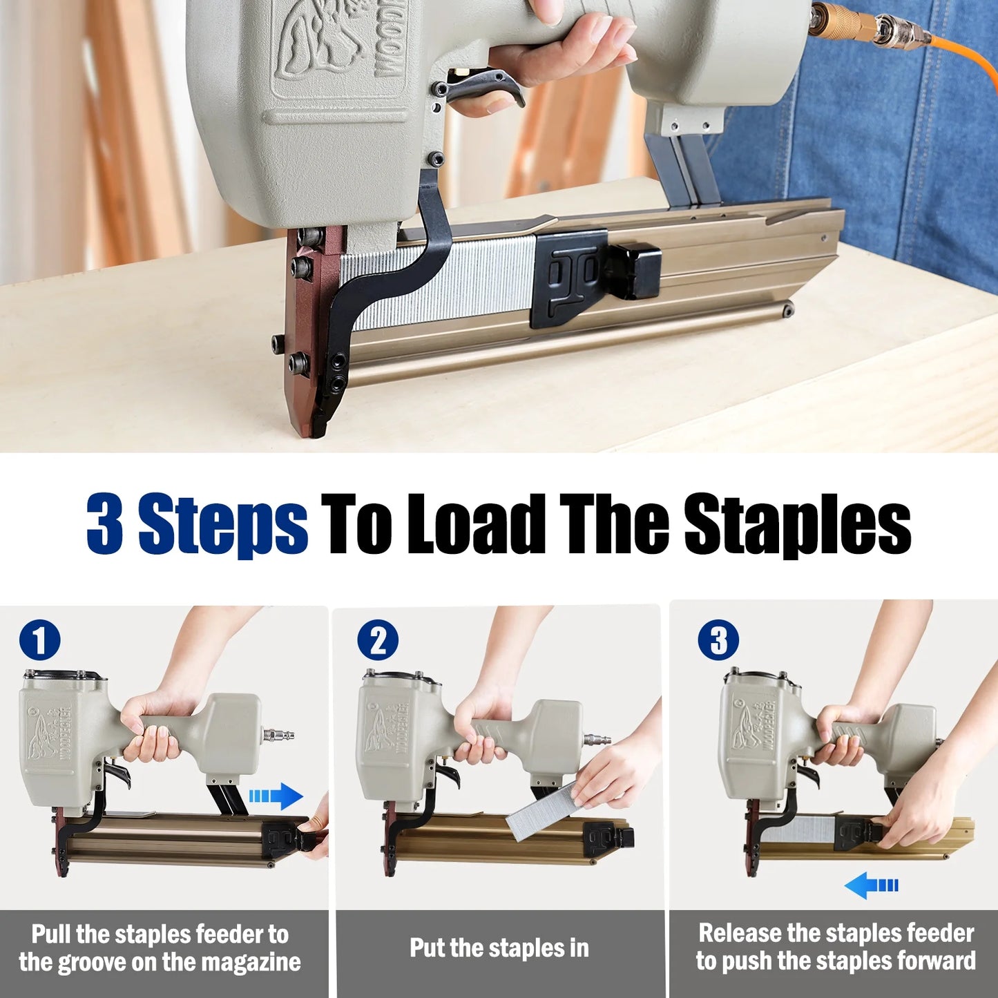 WOODPECKER N851 16GA Pneumatic Heavy Wire Stapler, 1''to 2'' Length,7/16'' Medium Crown Safety Construction