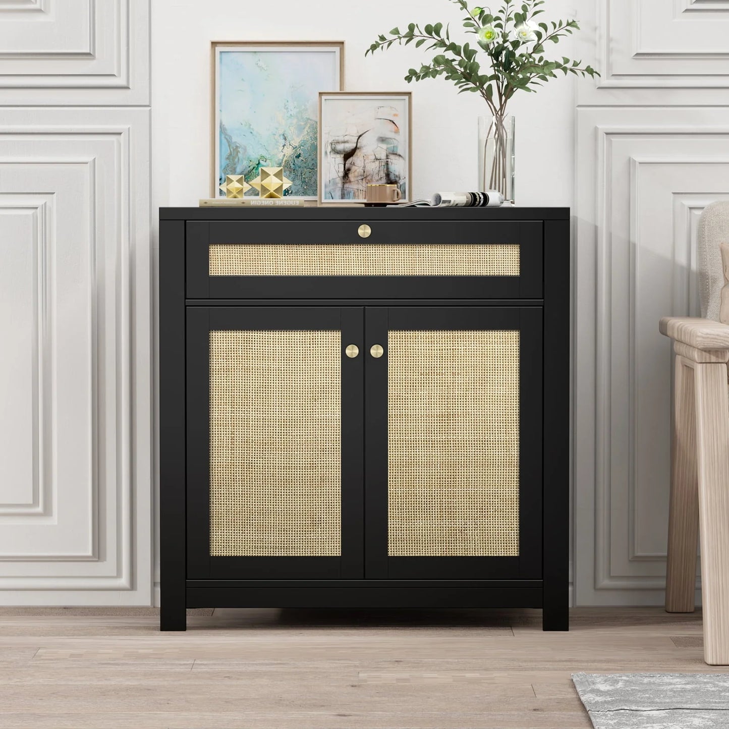 Eumyviv Black Sideboard Buffet Storage Cabinet with Door and Drawer, Natural Rattan Kitchen Accent Storage Cabinet Free Standing, Black H0085