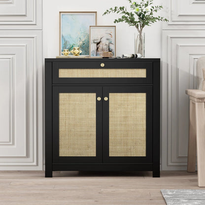 Eumyviv Black Sideboard Buffet Storage Cabinet with Door and Drawer, Natural Rattan Kitchen Accent Storage Cabinet Free Standing, Black H0085
