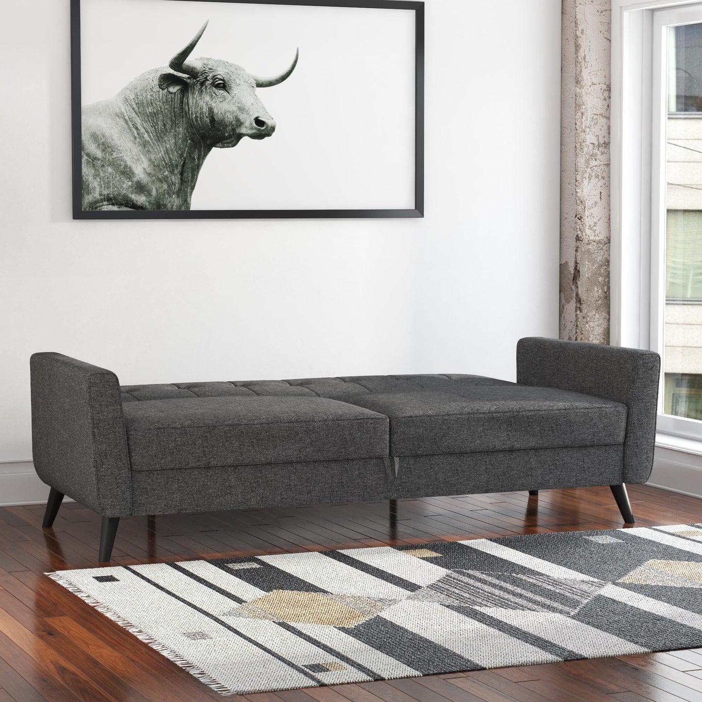 Queer Eye Liam Futon with Storage, Convertible Sofa, Gray Linen