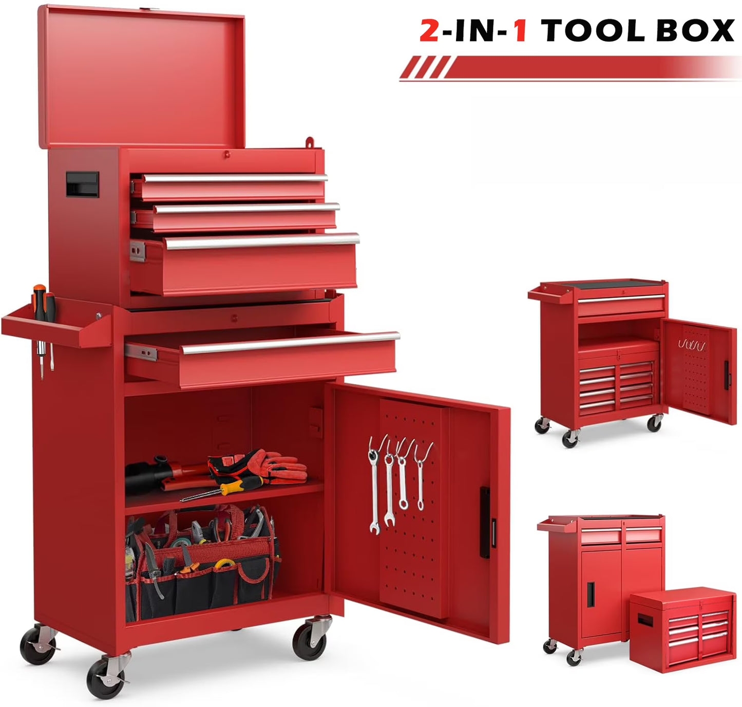 2-IN-1 Tool Chest with Drawers, Seizeen 2-tier Rolling Tool Box & Cabinet Large Capacity with 4 Drawers, Lockable Tool Box Organizer On Wheels, Red
