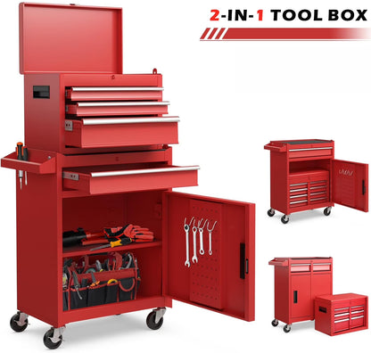 2-IN-1 Tool Chest with Drawers, Seizeen 2-tier Rolling Tool Box & Cabinet Large Capacity with 4 Drawers, Lockable Tool Box Organizer On Wheels, Red