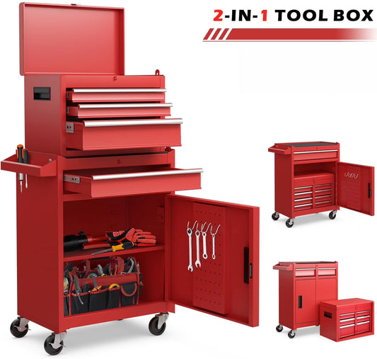 2-IN-1 Tool Chest with Drawers, Seizeen 2-tier Rolling Tool Box & Cabinet Large Capacity with 4 Drawers, Lockable Tool Box Organizer On Wheels, Red