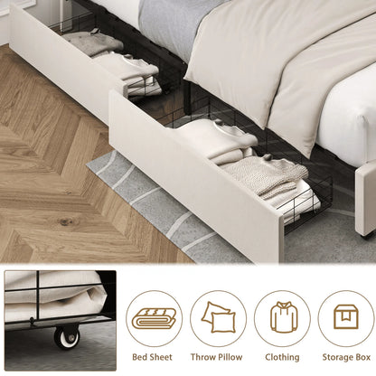 Homfa Queen Size Storage Bed with 4 Drawers, Button Tufted Upholstered Platform Bed Frame with Adjustable Headboard, Off-White