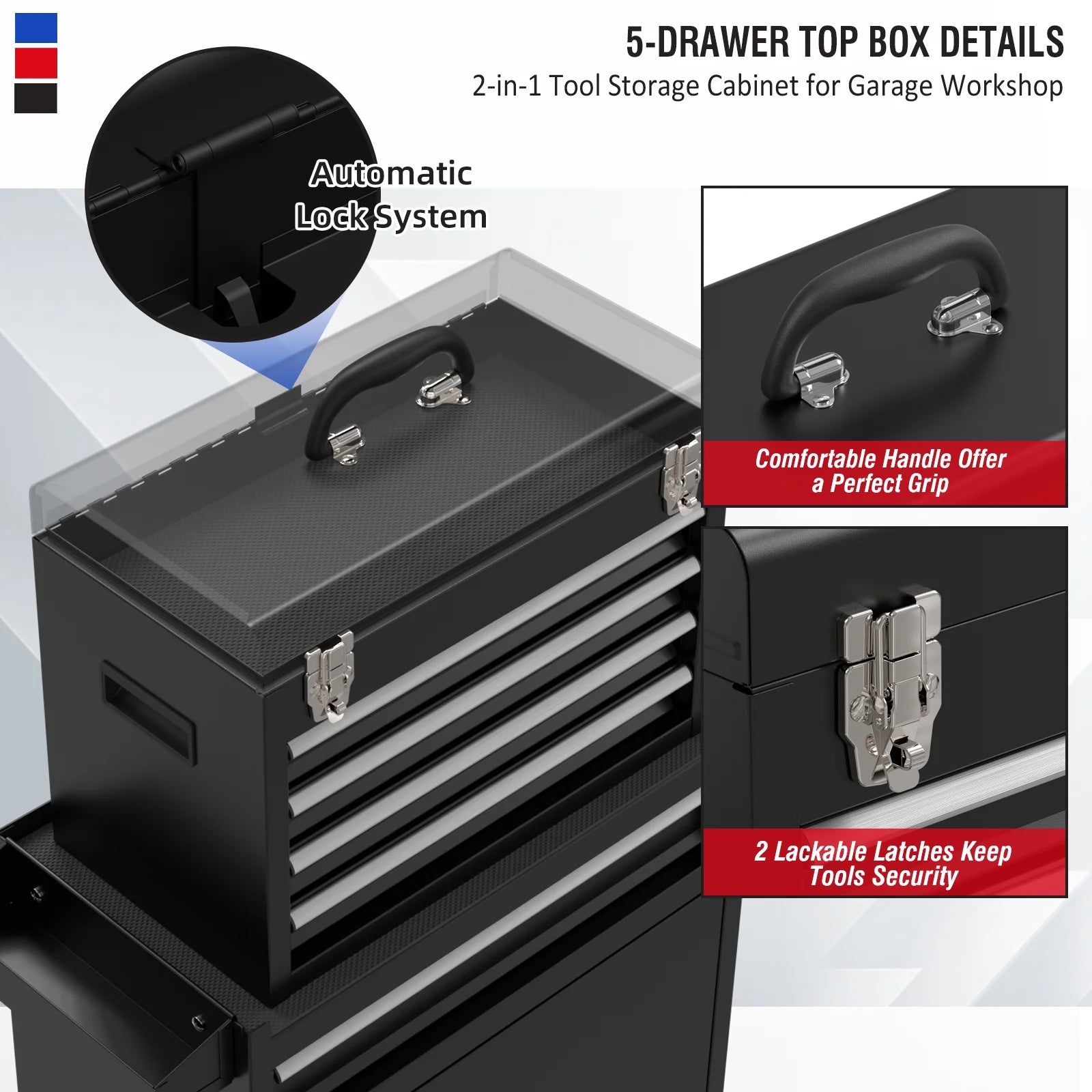 Odaof Tool Storage Cabinet Tool Chest with 4 Wheels and 5 Drawers,Large Capacity Removable Toolbox with Lock for Garage and Warehouse(Black)