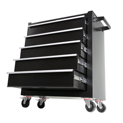 5-Drawer Portable Tool Box, Steel Rolling Tool Chest with 7 Drawer Organizer, 360-Degree Wheels & 360-Degree Brake Wheels, Lockable & Movable Tool Cabinet for Workshop, Garage, Warehouse, Blue + Grey