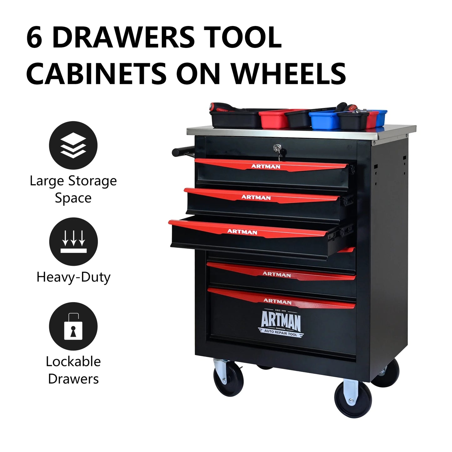 ARTMAN 6 Drawers Metal Rolling Storage Tool Chest Cabinet Cart with Wheels,with Key Locking and Parking Brake, Tool Box for Garage Workshop Warehouse