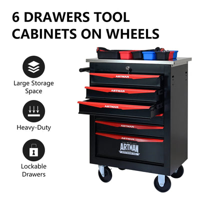 ARTMAN 6 Drawers Metal Rolling Storage Tool Chest Cabinet Cart with Wheels,with Key Locking and Parking Brake, Tool Box for Garage Workshop Warehouse