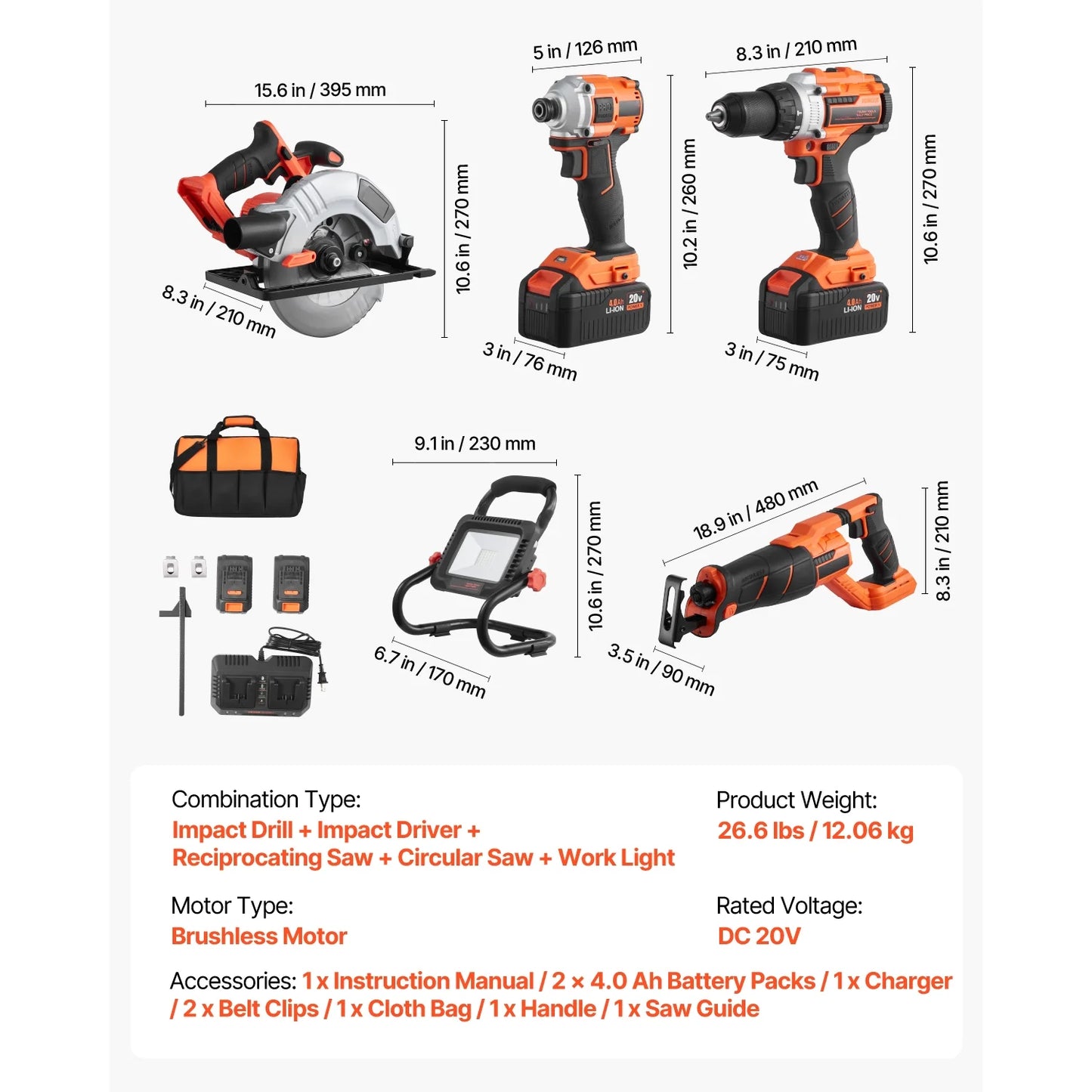 KFFKFF Equipment Set, 20V Brushless 5-Piece Set, Wireless Power Equipment Set, Wireless Drill and Impact Driver, inclusive of 4.0 Ah Batteries, Charging Device, Reciprocal Saw, Round Saw