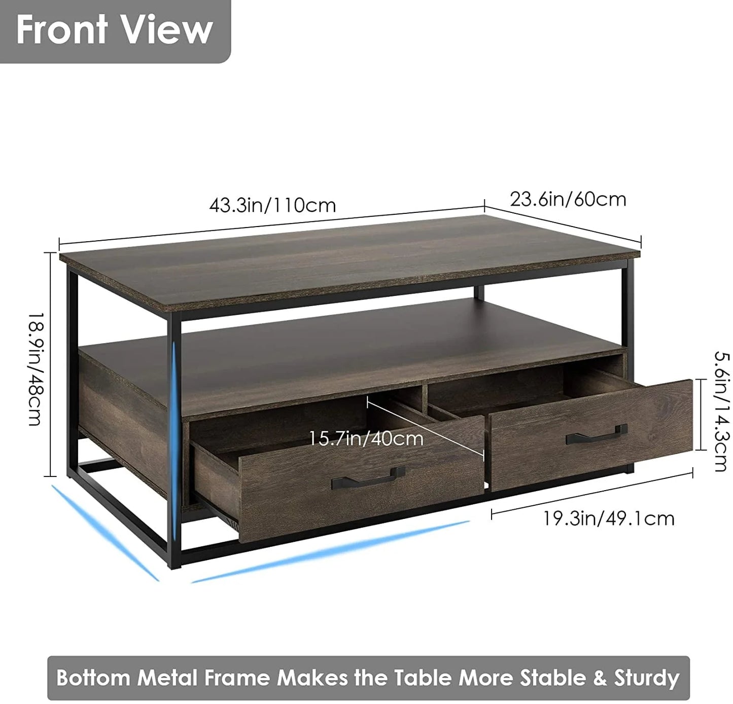 Homfa 43" Coffee Table with Storage Drawers, Wooden TV Stand Center Table for Living Room, Dark Brown