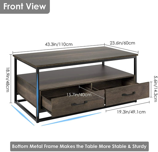 Homfa 43" Coffee Table with Storage Drawers, Wooden TV Stand Center Table for Living Room, Dark Brown