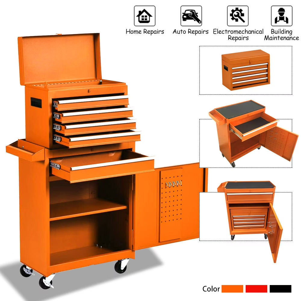 Odaof Tool Storage Cabinet and Chest, Cabinet with 4 Wheels, 5 Drawers, Large Capacity Removable Box with Lock for Garage and Warehouse-Orange