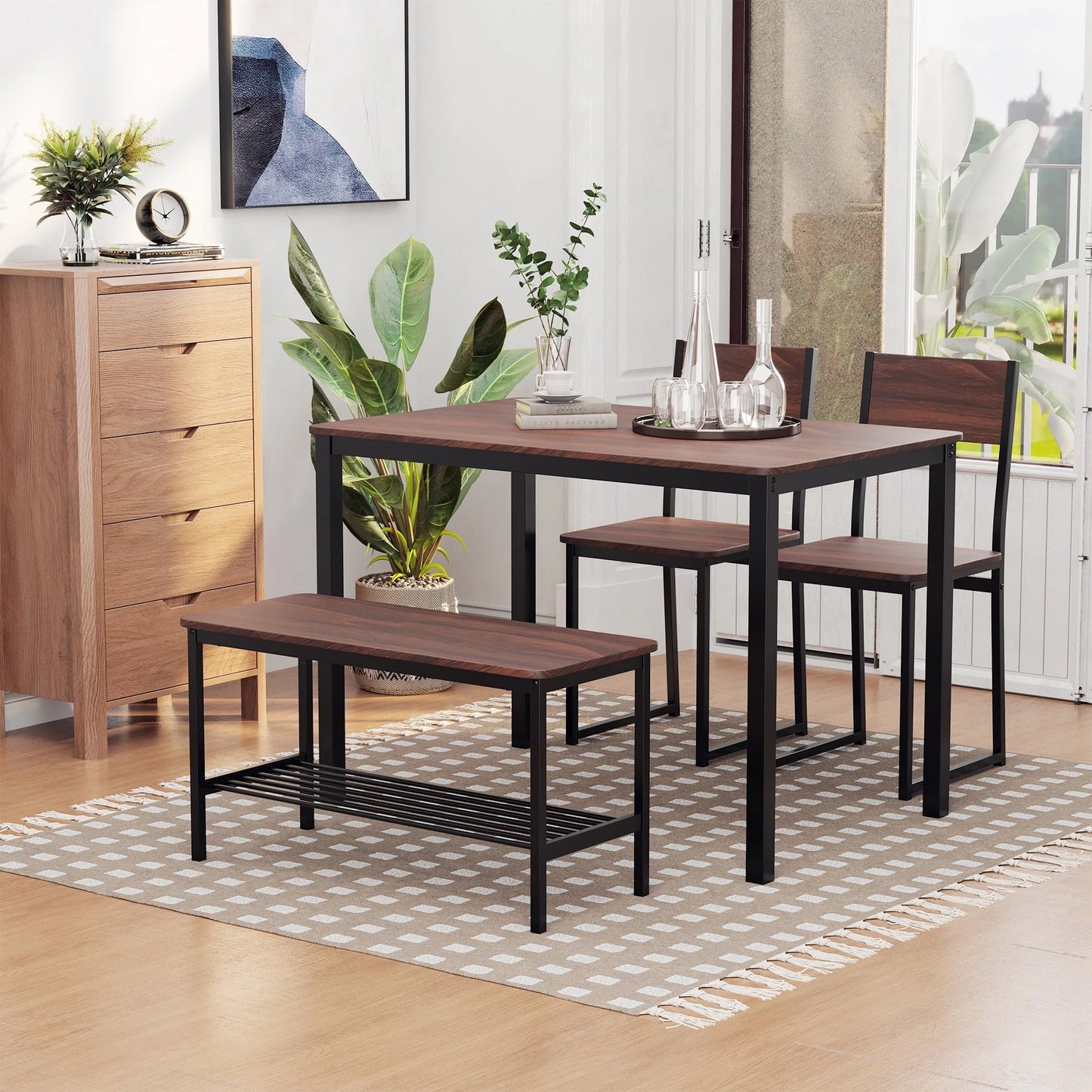 Industrial 4 Piece Dining Room Table Set with Bench Wooden Kitchen Table and Chairs w/Storage Rack