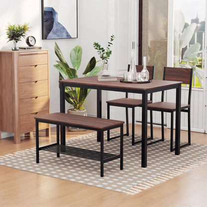Industrial 4 Piece Dining Room Table Set with Bench Wooden Kitchen Table and Chairs w/Storage Rack