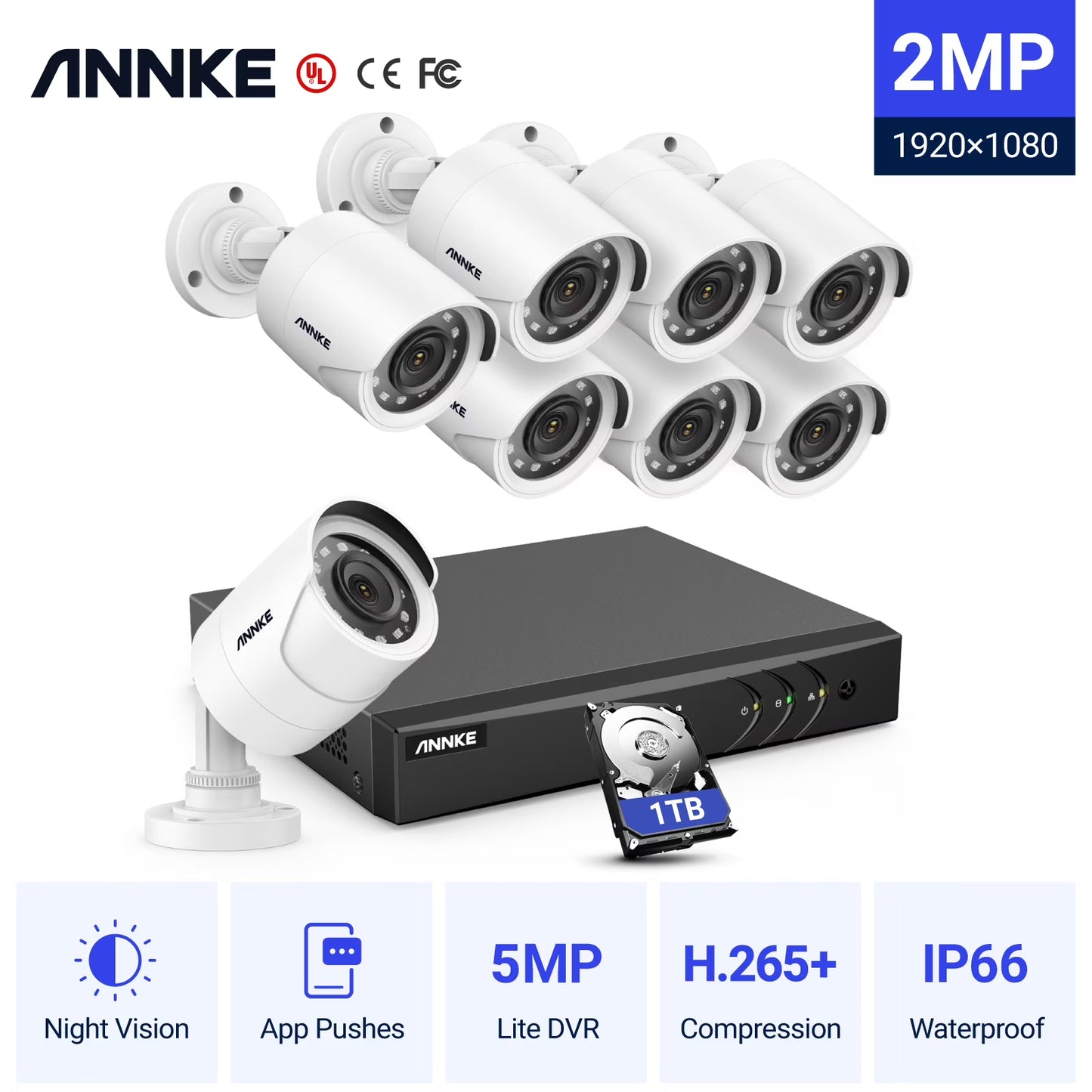 ANNKE 8CH 1080P Outdoor CCTV Video Home Security 8PCS White Bullet Weatherproof Camera System Surveillance Kits With No Hard Drive Disk