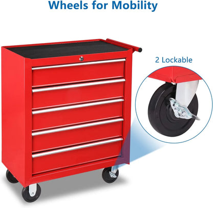 TUFFIOM 5-Drawer Rolling Tool Chest with Lock & Key, Tool Storage Organizer Box Cabinet with Wheels