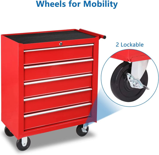 TUFFIOM 5-Drawer Rolling Tool Chest with Lock & Key, Tool Storage Organizer Box Cabinet with Wheels
