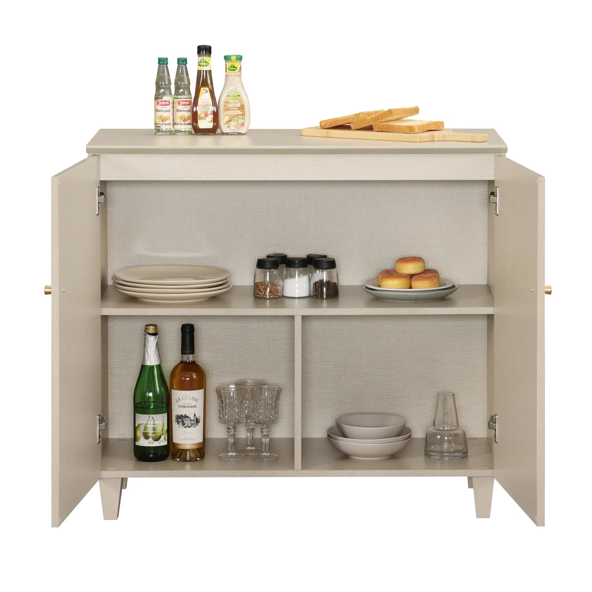 Sideboard Buffet Server Cabinets with Doors, 70.8" Kitchen Wood Coffee Bar Table, 2 -In-1 Storage Cabinets with 6 Compartments for Dining Room, Living Room, Entryway, Beige Faux Linen Textured Finish