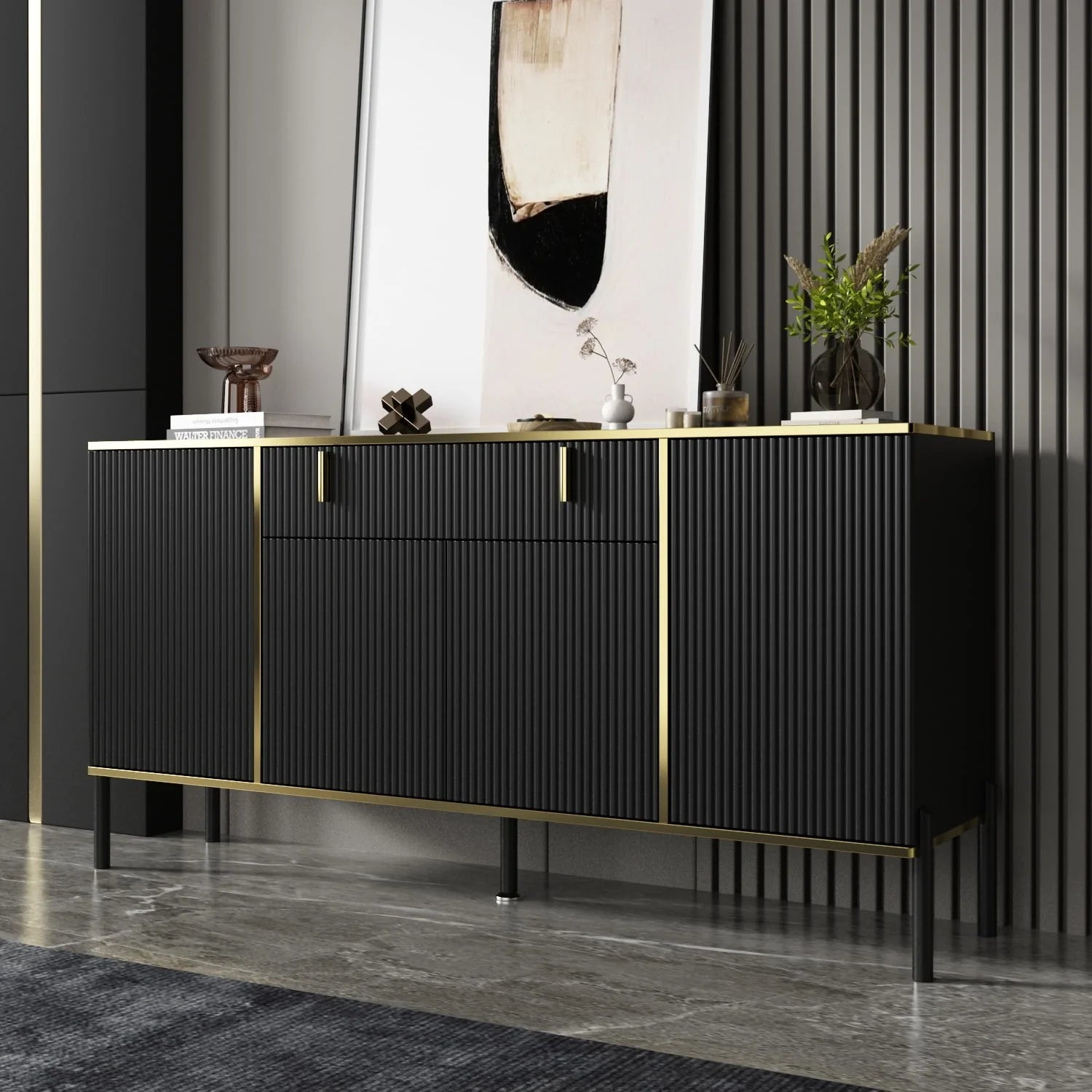 FUFU& GAGA Modern 4 Doors Buffet Cabinet with Storage Drawer, Accent Table Sideboard Furniture with Pop-up Door for Living Room Kitchen Dining Entryway Hallway, Black