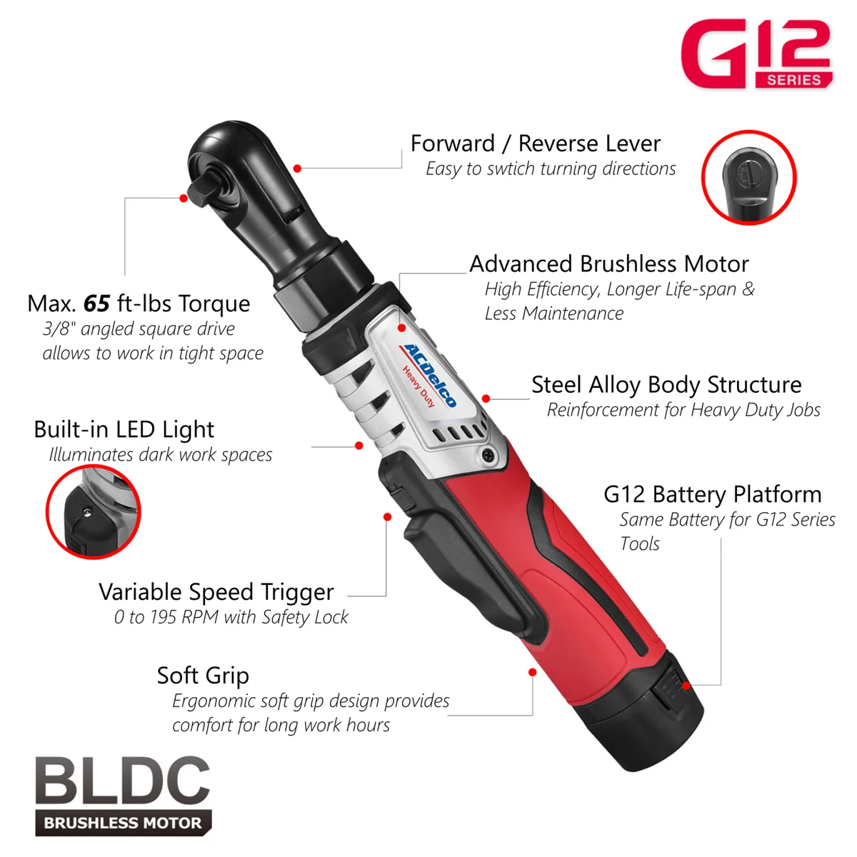 ACDelco ACDelco ARW12103-K2 G12 Series 12V Li-ion Cordless 3/8" Brushless Rachet Wrench & ?"? Impact Driver Combo Tool Kit with 2 Batteries