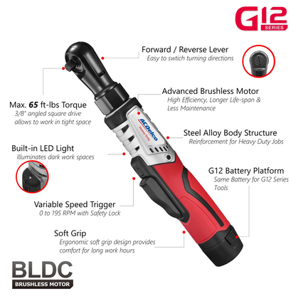ACDelco ACDelco ARW12103-K2 G12 Series 12V Li-ion Cordless 3/8" Brushless Rachet Wrench & ?"? Impact Driver Combo Tool Kit with 2 Batteries
