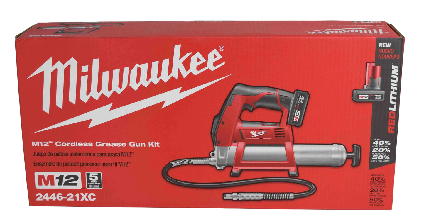 Milwaukee 2446-21XC M12 12V Cordless Grease Gun Kit with 3.0Ah Battery, Charger & Tool Bag