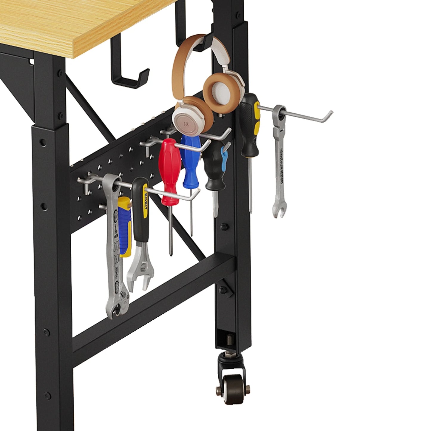 DWVO Tool Cart, Workbench Adjustable Height Work Bench For Garage Oak Plank & Carbon Steel Heavy Duty Workbench 2000lbs Weight Capacity Bench top Size 59.1" x 23.6" with Pegboard Power Outlets