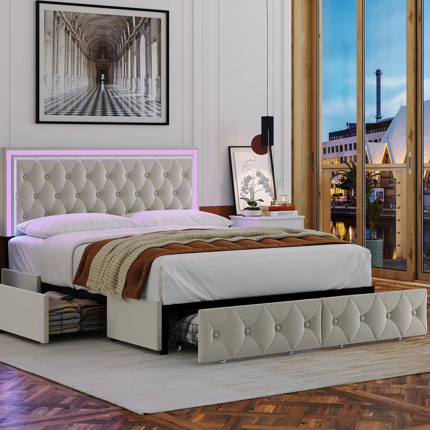 Homfa Queen LED Bed, 9 Colors LED Lights Platform Bed Frame with 4 Storage Drawers, Adjustable Upholstered Headboard with Button Tufted, Velvet Beige