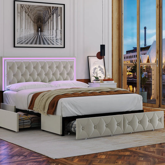 Homfa Queen LED Bed, 9 Colors LED Lights Platform Bed Frame with 4 Storage Drawers, Adjustable Upholstered Headboard with Button Tufted, Velvet Beige