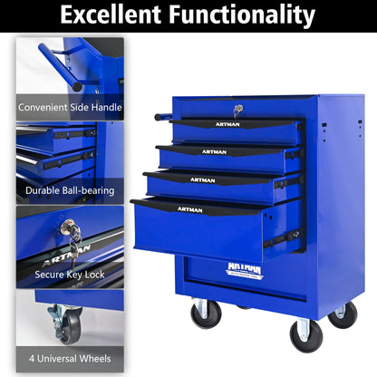 Rolling Metal Tool Chest Cabinet with 5 Drawers & Ball Bearing Drawer Slides, Steel Tool Storage Box Organizer -BLUE