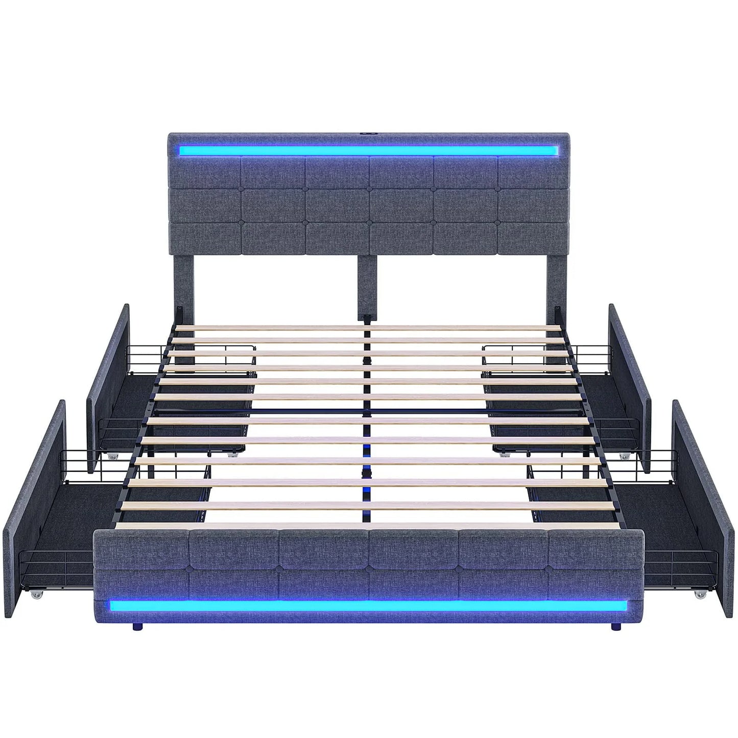 Full Size Bed Frame with 4 Storage Drawers, Platform Bed Frame with 2 USB Ports, Upholstered Bed with LED Headboard Footboard, Square Stitched Button Tufted Design, Dark Grey