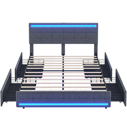 Full Size Bed Frame with 4 Storage Drawers, Platform Bed Frame with 2 USB Ports, Upholstered Bed with LED Headboard Footboard, Square Stitched Button Tufted Design, Dark Grey