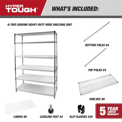 Hyper Tough 6-Tier Wire Storage Shelves with Liners, 48" W x 18" D x 72" H, 3600 lb Load Capacity, Chrome
