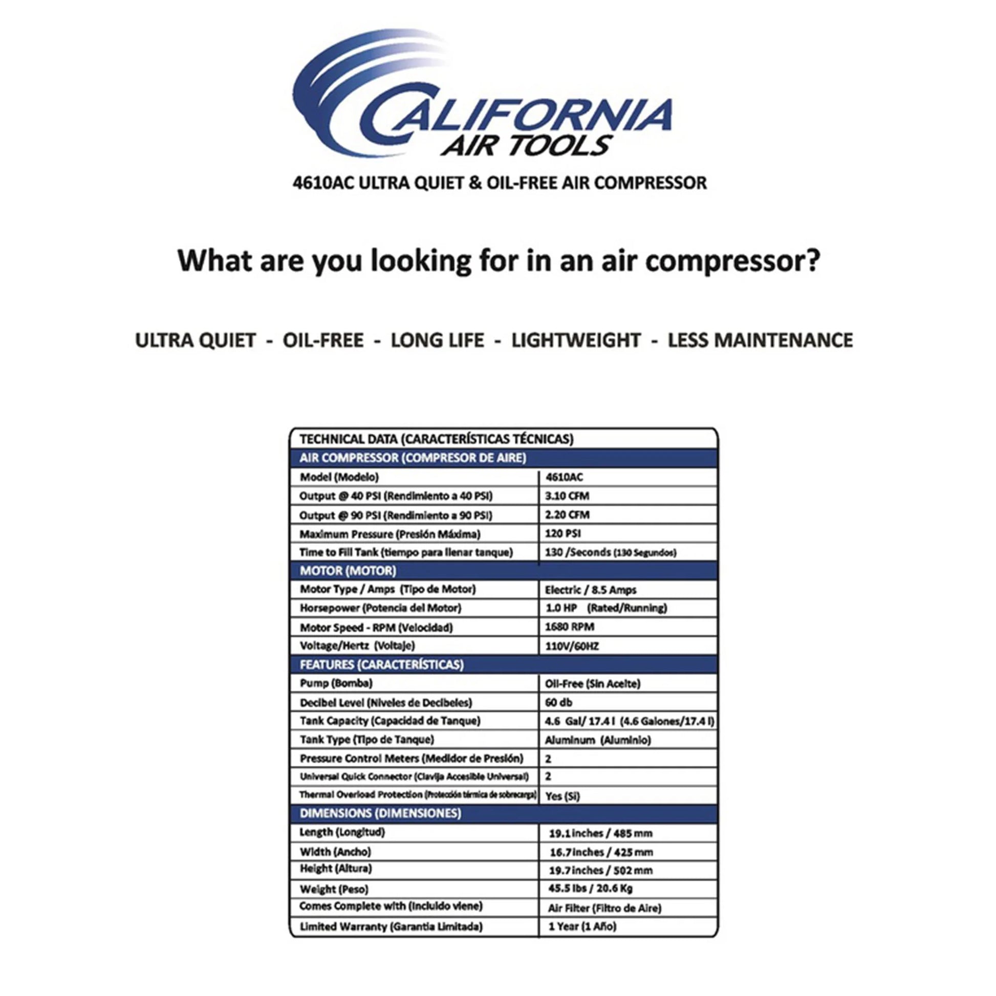 California Air Tools 4610AC Ultra Quiet Oil Free Powerful Air Compressor