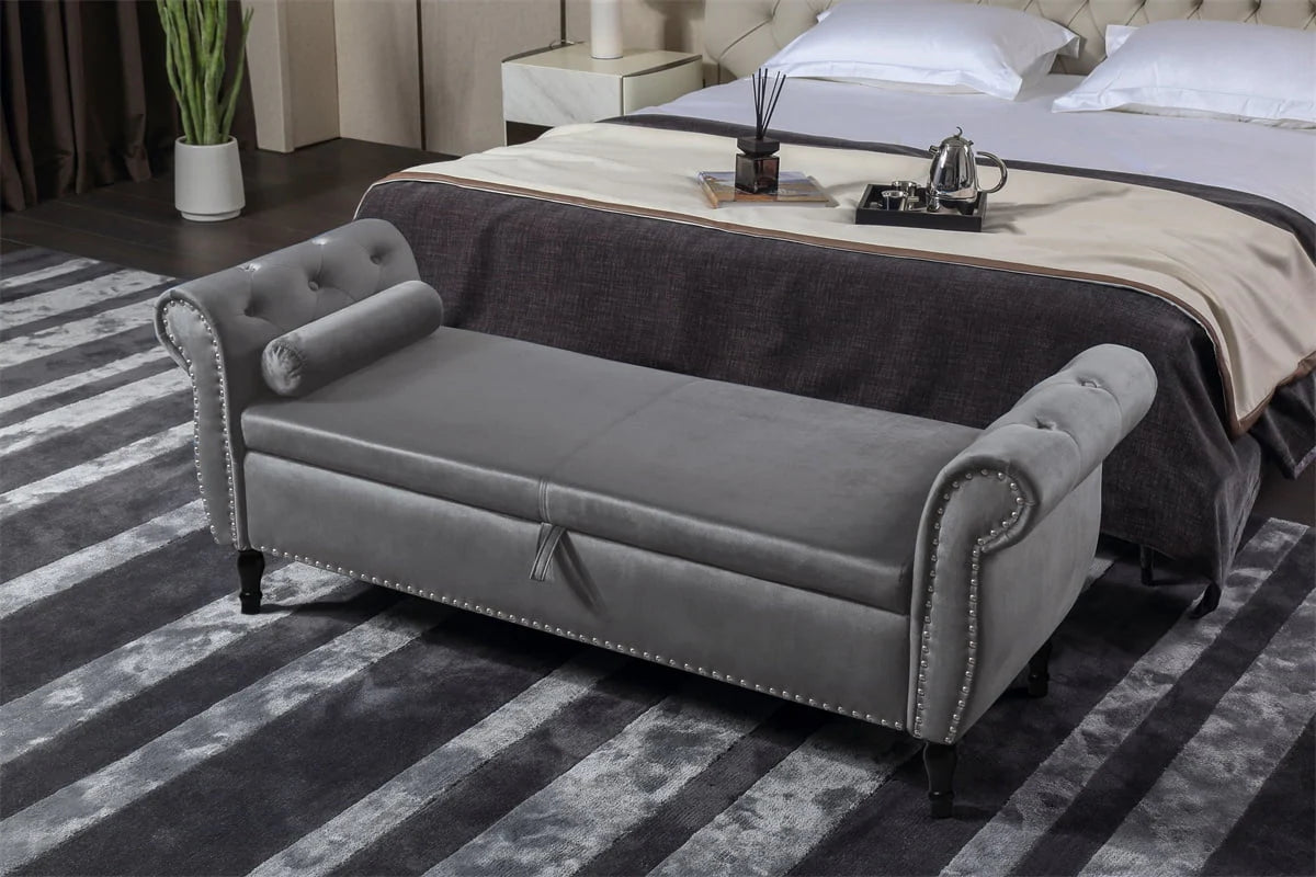 JINS& VICO 63'' Velvet Storage Ottoman Bench, Upholstered Tufted Sofa Stool with Rolled Armrest and Nailhead Trim, Rectangular Chaise Lounge with 1 Pillow for Living Room Bedroom, Gray