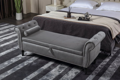 JINS& VICO 63'' Velvet Storage Ottoman Bench, Upholstered Tufted Sofa Stool with Rolled Armrest and Nailhead Trim, Rectangular Chaise Lounge with 1 Pillow for Living Room Bedroom, Gray
