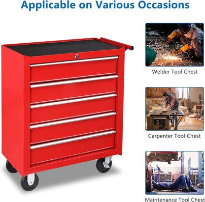TUFFIOM 5-Drawer Rolling Tool Chest with Lock & Key, Tool Storage Organizer Box Cabinet with Wheels