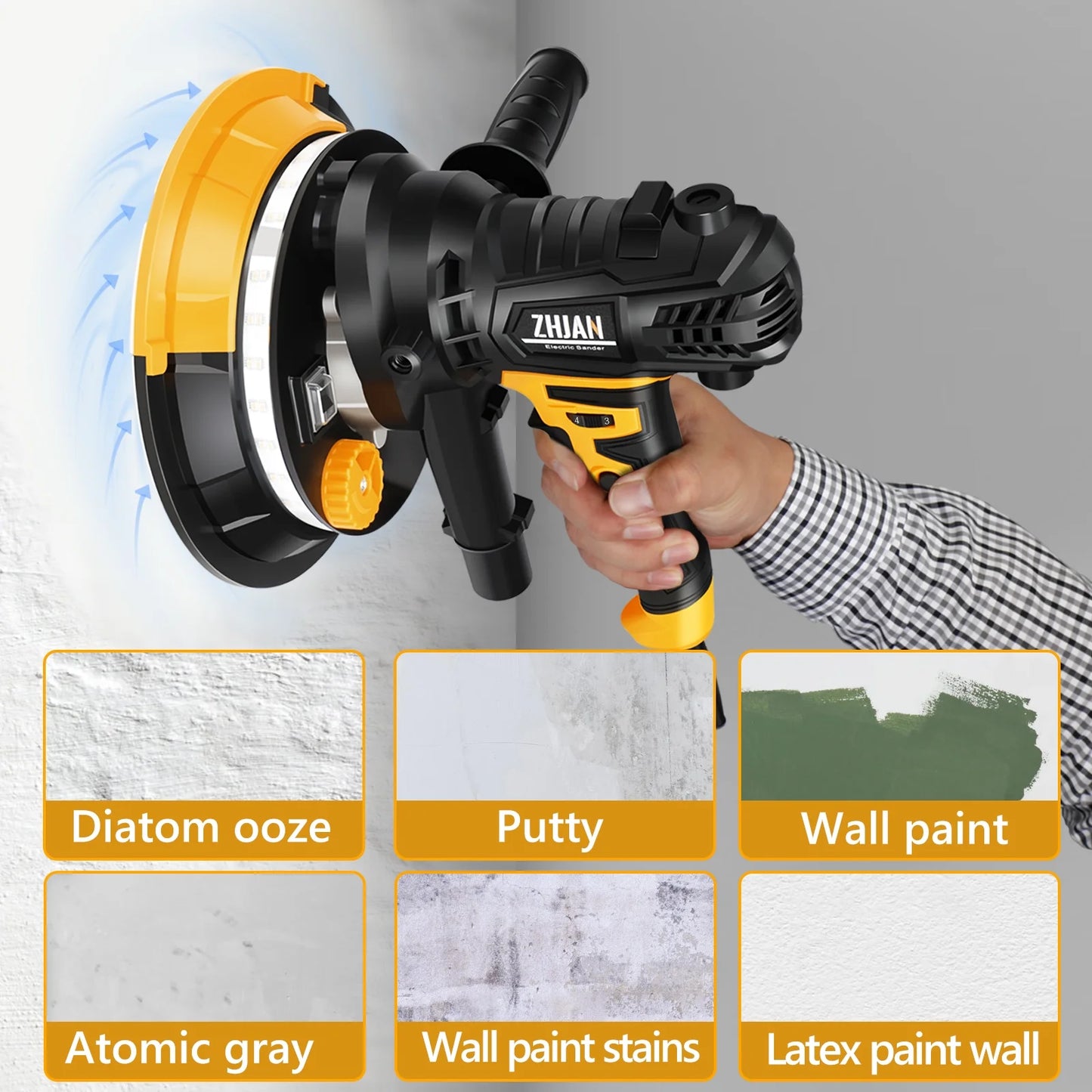 ZHJAN 7" Handheld Electric Drywall Sander 900W with Vacuum & LED - Dual-Grit, 12 Discs, Portable Wall Polisher