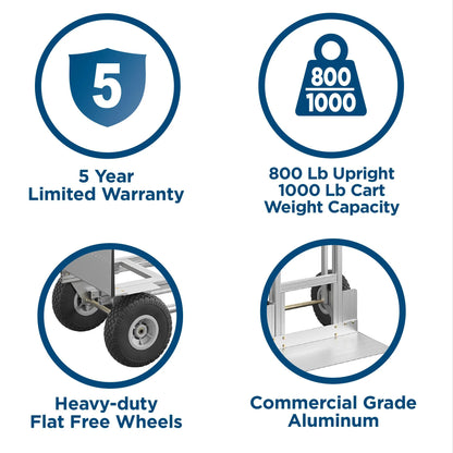 Cosco 3-in-1 Assist Series Aluminum Hand Truck/Assisted Hand Truck/Cart w/flat free wheels, Silver