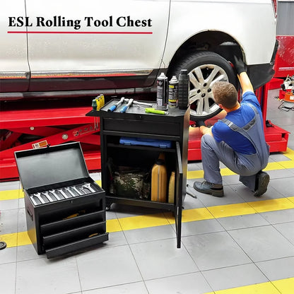 Rolling Tool Chest, 5 Drawers with Big Cabinet, Tool Trolley with 4 Universal Lockable Wheels and Lock Bar, Great Black Tool Cart for Garage Workshop, Sturdy Heavy Duty Tool Storage, Easy Assemble
