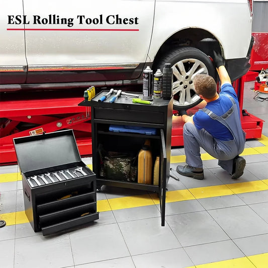 Rolling Tool Chest, 5 Drawers with Big Cabinet, Tool Trolley with 4 Universal Lockable Wheels and Lock Bar, Great Black Tool Cart for Garage Workshop, Sturdy Heavy Duty Tool Storage, Easy Assemble